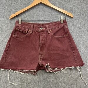 Levis 501 Denim Shorts Women 30 W Button Fly Red Med Rise Cutoff Distressed Fray